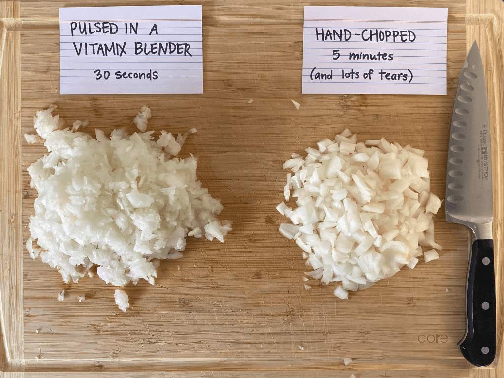 chopped onions comparison of Vitamix pulsed vs hand chopped