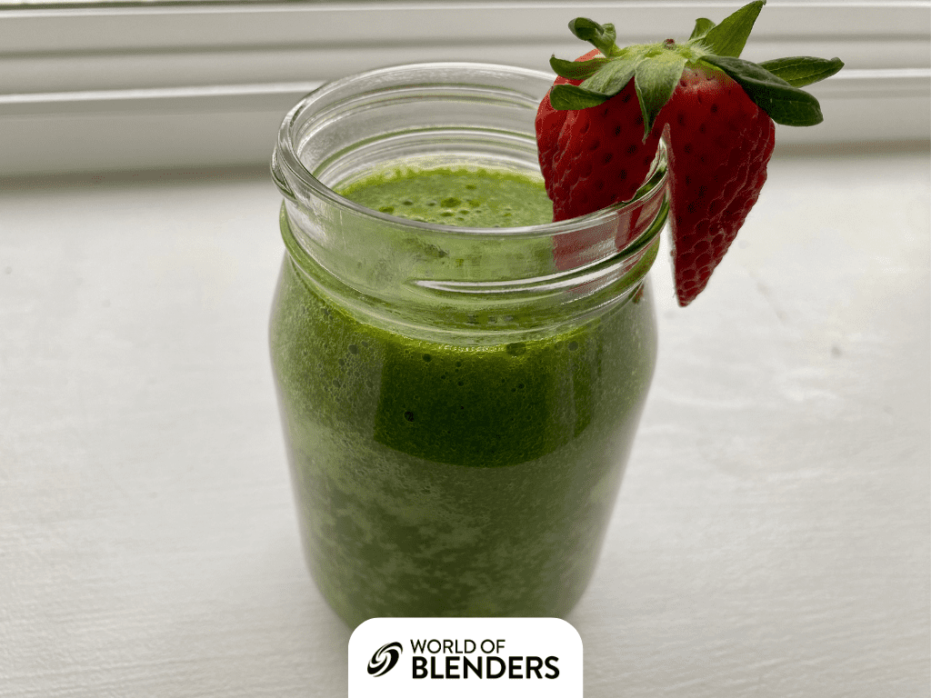 Diabetic smoothies low GI and low carb, green smoothie in a jar with a strawberry garnish