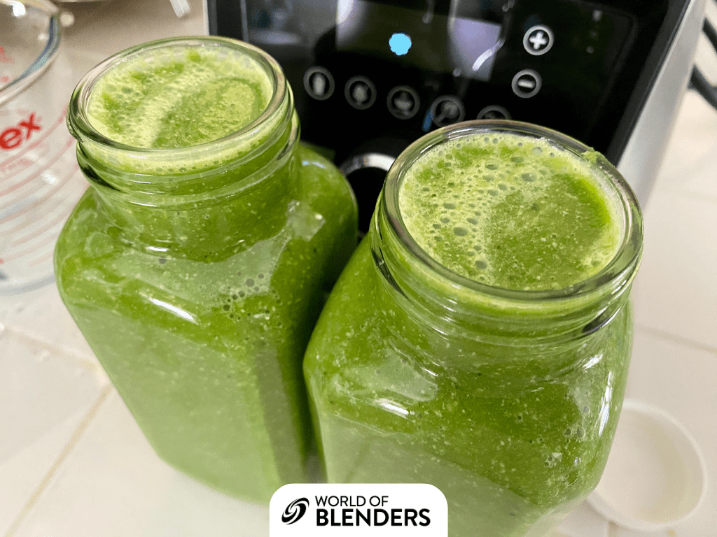 two green smoothies filled to the top of the glass to keep maximum freshness in the fridge.