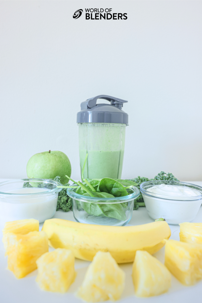 green goddess smoothie in nutribullet with ingredients